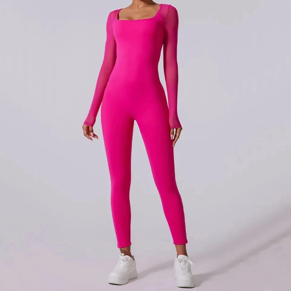 New Pad Mesh Long Sleeve Shirt Women Sportwear Yoga Set Outfit Fitness Workout Legging One-piece Jumpsuit Gym Sports Bodysuit