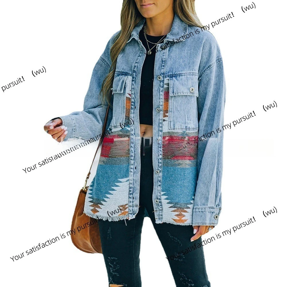 Jaket wol denim Eropa dan Amerika dengan potongan retro, tepi kasar, panjang sedang untuk wanita.