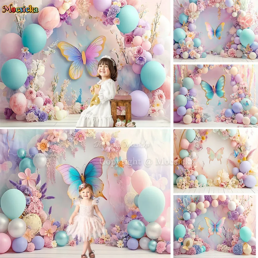 

Butterfly Girl Birthday Party Photography Background Pink Arch Balloon Wall Floral Backdrop Kids Cake Smash Photozone Studio