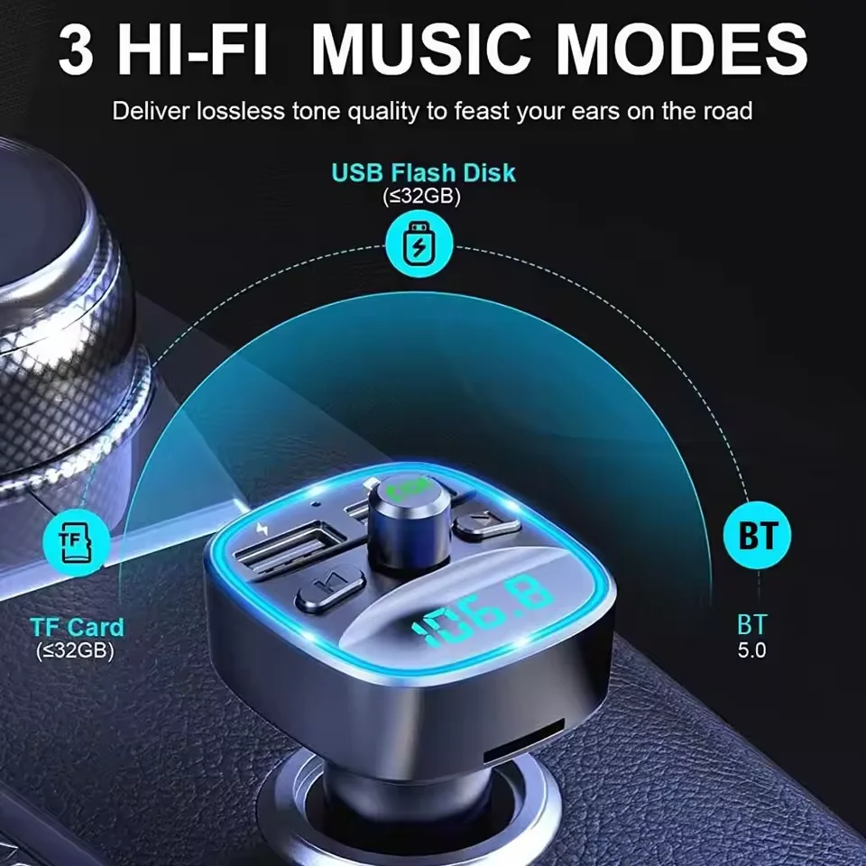 

T25 FM Transmitter Car Bluetooth-compatible 5.0 Audio Receiver MP3 Player Dual USB Fast Charging Handsfree Wireless Car Charger