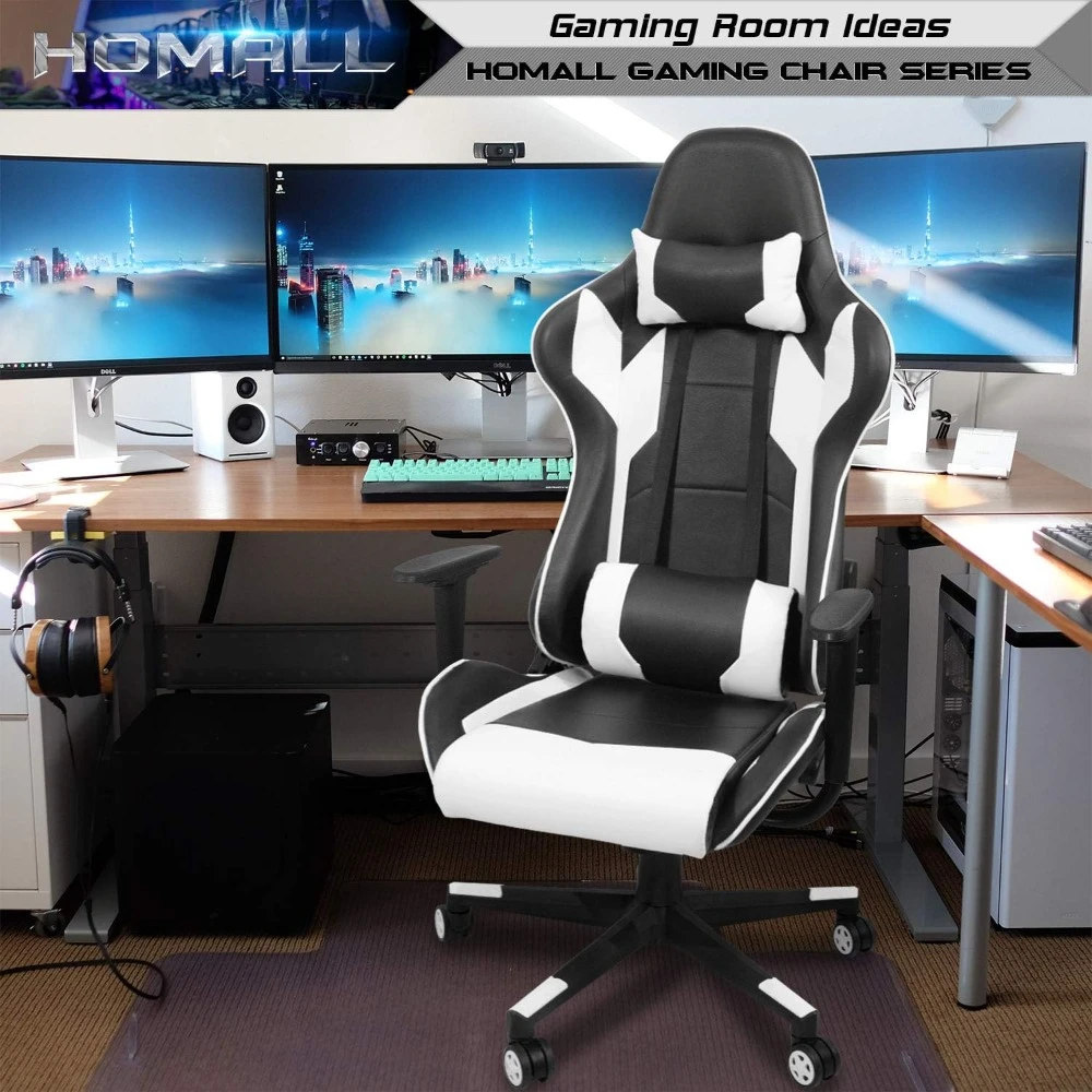 Ergonomic Gaming Chairs with Headrest and Lumbar Support, High Back Leather Desk Chair, Adjustable Swivel Racing Gaming Chair