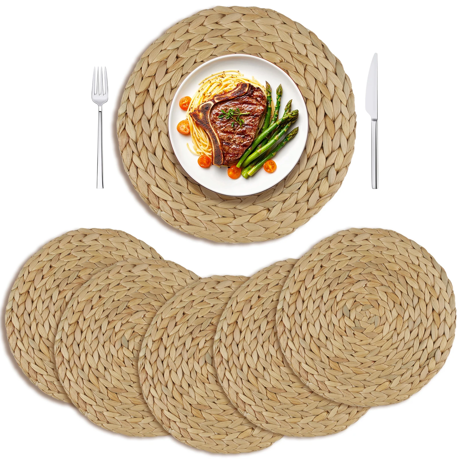 Conjunto de 6 Sousplats Redondos de Rattan de 30cm, Isolantes Térmicos, de Vime Natural Trançado, para Mesa de Jantar, Decoração de Casa e Casamentos