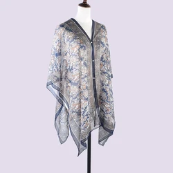 Summer Women's Thin Shoulder Sunscreen Clothes with Cashew Flower Print Chiffon Shawl, Beach Tourism Pearl Button Beach Scarf