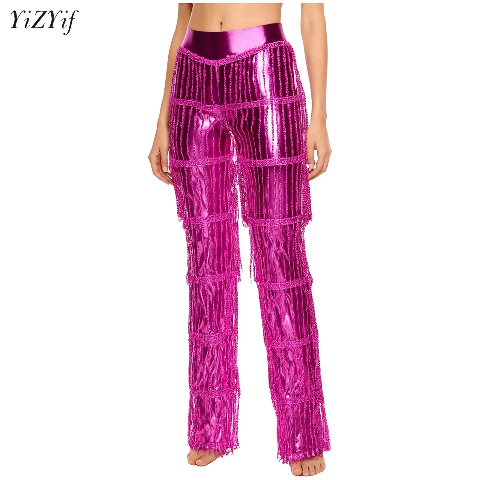 

Womens Latin Dancewear Color Blocking Metallic Tassel Latin Dance Pants Tango Cha-Cha Performance Costume Fringed Trousers
