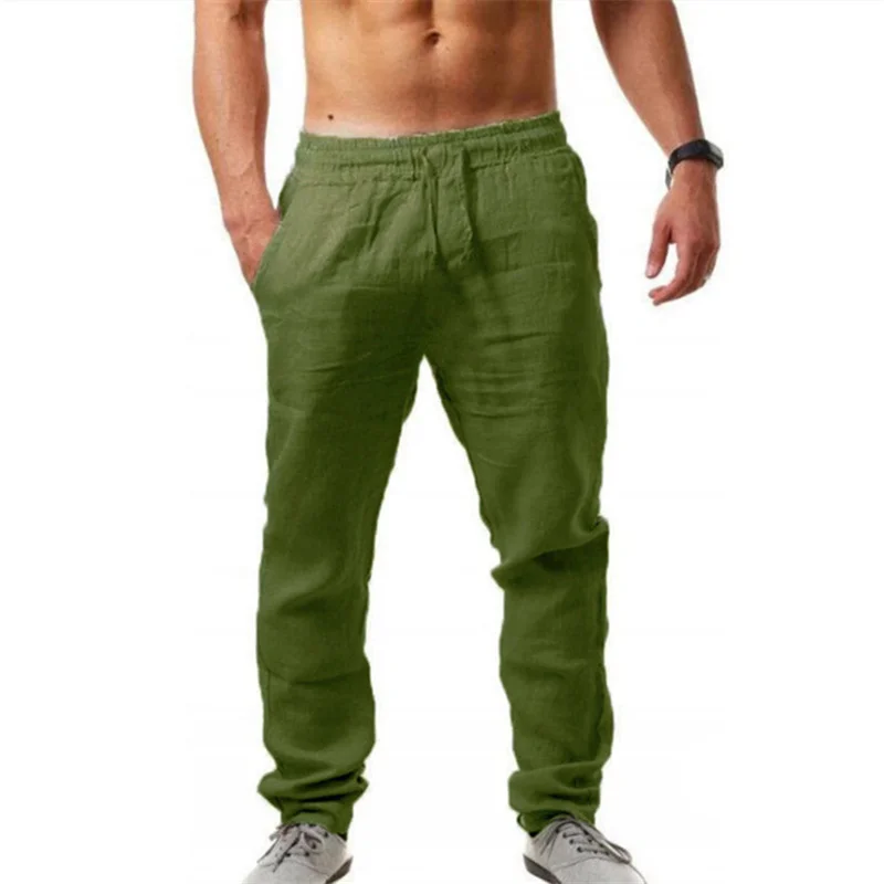 Men\'s Cotton Linen Pants Summer Solid Color Breathable Linen Trousers Male Casual Elastic Waist Fitness Pants Hip-Hop Streetwear