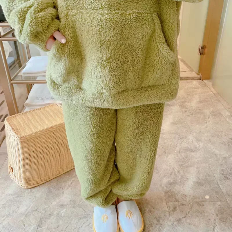 Women Winter Loose Long-Sleeve Flannel Thickening Pajama+Pants Set Fat Female Oversize Add Large Size Warm Outdoor Clothes Suit