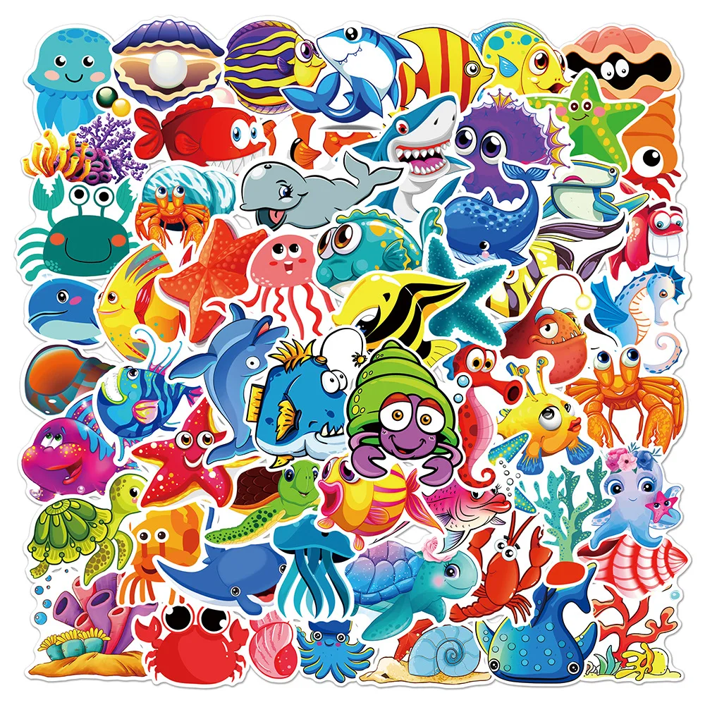 50 Stück Meeresfische Tier-Cartoon-Aufkleber Ozeanwelt Pflanzen Korallen Quallen Niedliche Aufkleber DIY Tagebuch Laptop-Sticker