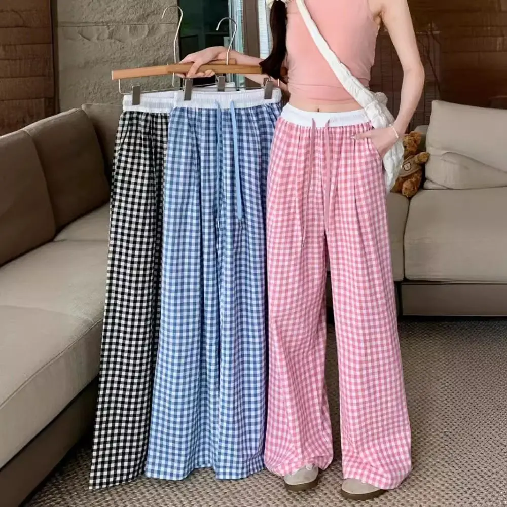 

Classic Loose Straight Leg Pants High Waist Thin Plaid Pants Women Streetwear Color Blocking Y2K Drawstring Pants Home
