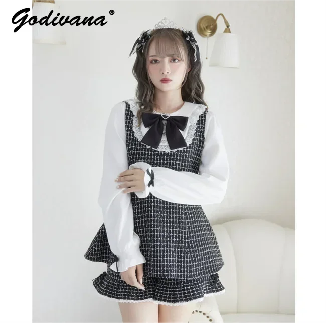 

Japanese Sweet Bow Long Sleeve Slim Short Dress Shirt Culottes 2-Piece Suit for Women Spring and Autumn Shorts Set Outfits