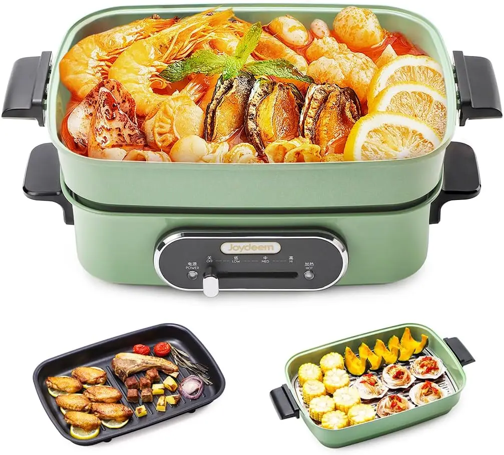 

3-in-1 Electric Hot Pot, Multi-use Shabu Shabu Pot with Grill Pan & Steamer, Non-stick Ceramic Oil Coating, UL Listed, JD