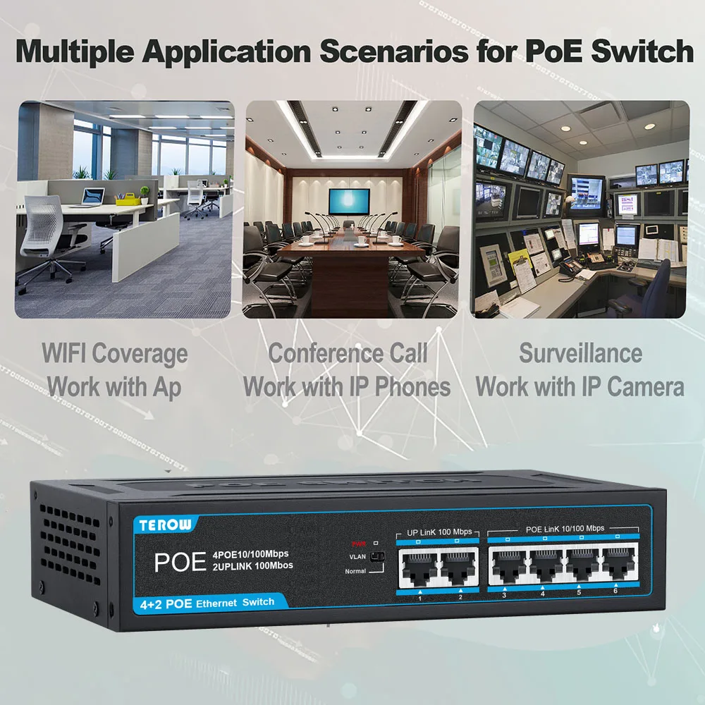 POE Switch 4 Ports +2 Uplink Fast Ethernet Switch 100Mbps Network Switch RJ45 Injector Switcher for IP Camera/Wireless AP/CCTV