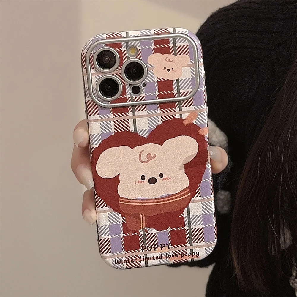 Ins Cute Cartoon Dog Scarf Puppy Check Case for iPhone 15 14 13 Pro Max 12 Pro 11 Plus Shockproof Silicone Cortex Cover