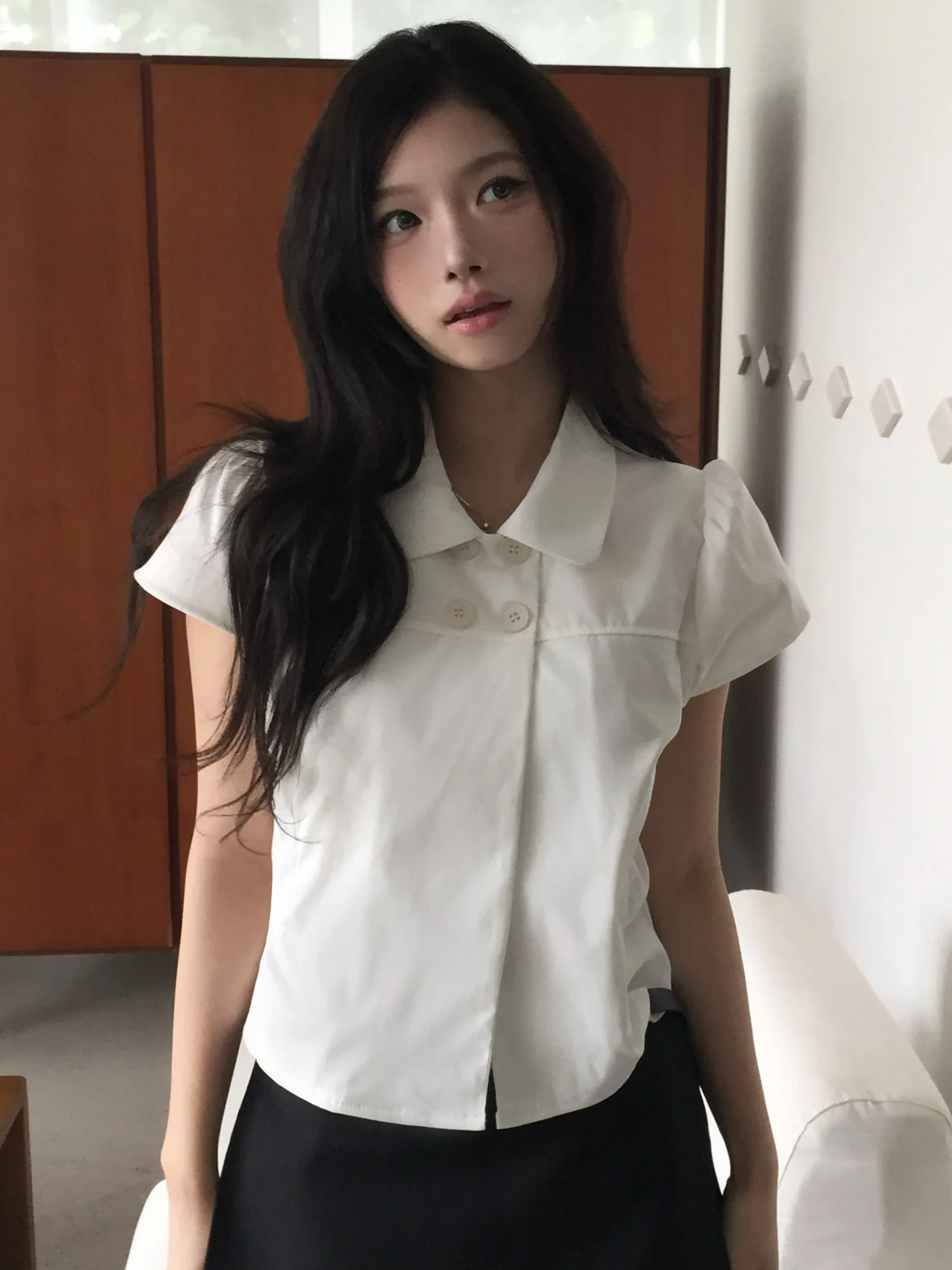 

Summer New Women's Loose Casual Pure Color ort Sve irt Double Button Sle ular Versatile College Sle Top