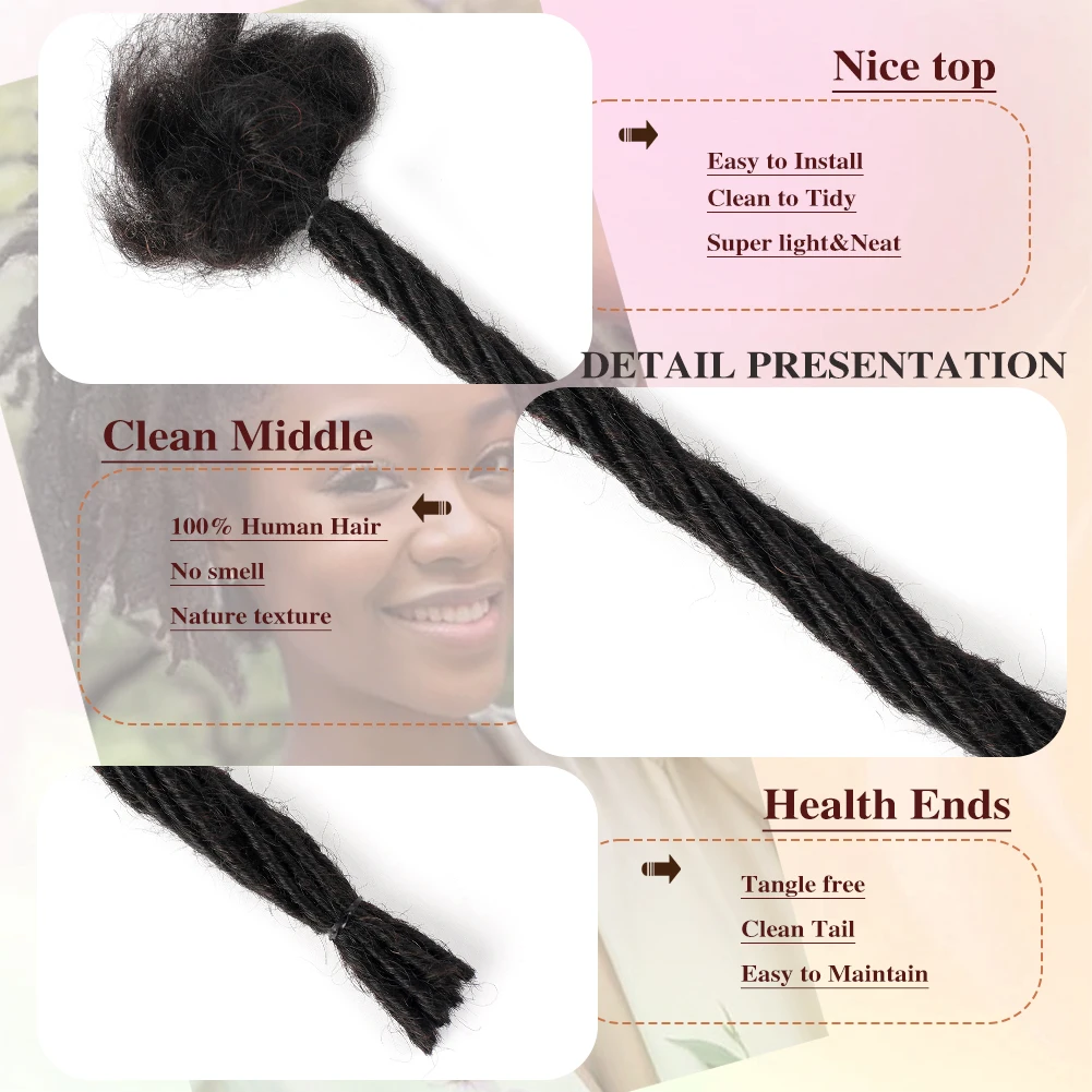 Dreadlocks Cheveux humains vierges brésiliens, 10 mèches, tresse au crochet, extensions de cheveux, 0.2cm, tresse crépue Microlocks