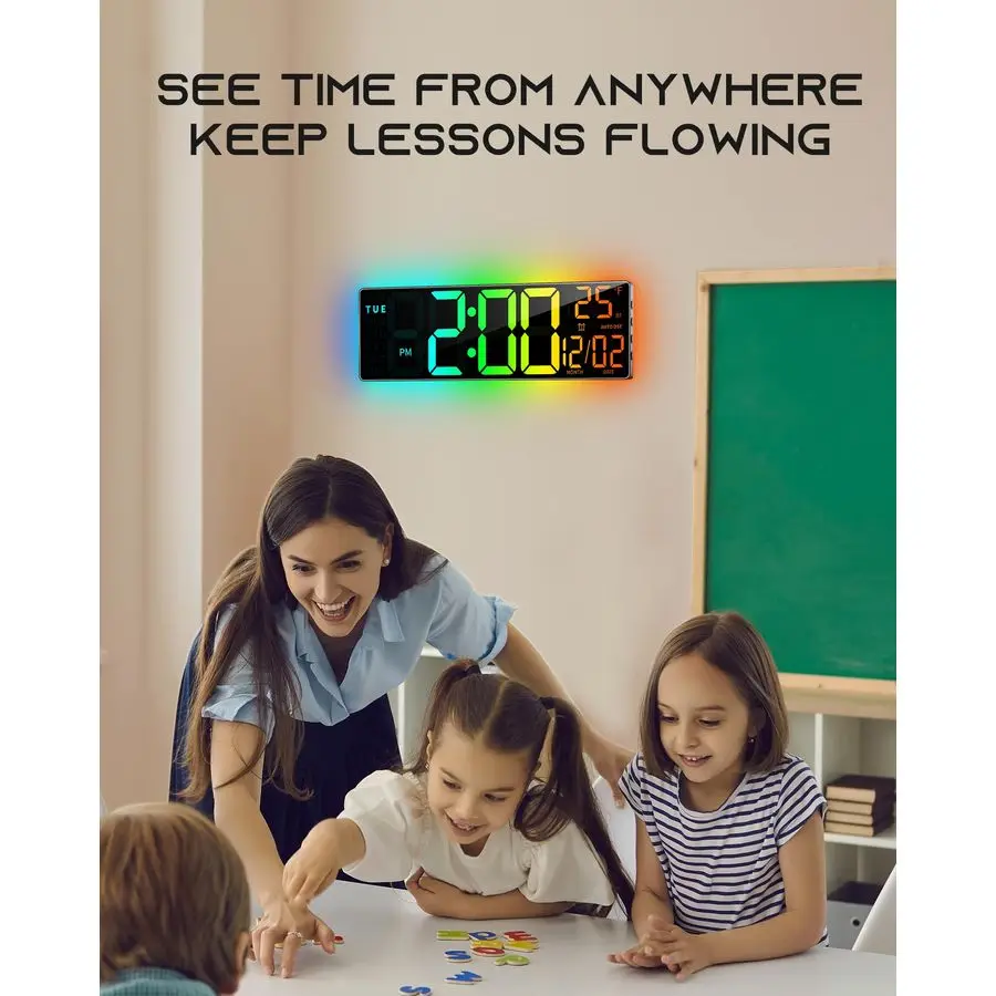 Relógio de Parede Digital Grande de 16,5 Polegadas com Sincronização BT, Luzes RGB com 11 Modos de Cena, Controle Remoto, Alarmes Duplos com Grande Display LED, Au