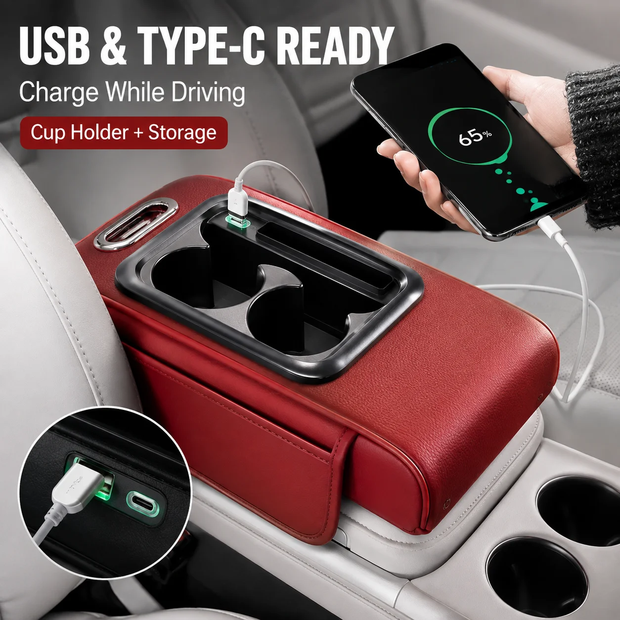 Car Center Console Armrest Storage Box, Multi-Function Booster Pad with USB Port Tissue Box and Cup Holder