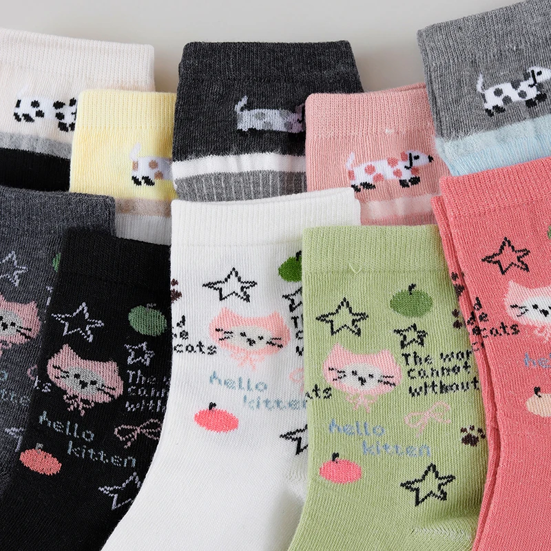 1/3/5/10 Pairs Random Women Cute Cartoon Letter Patterns Comfortable Breathable Mid‑Calf Socks