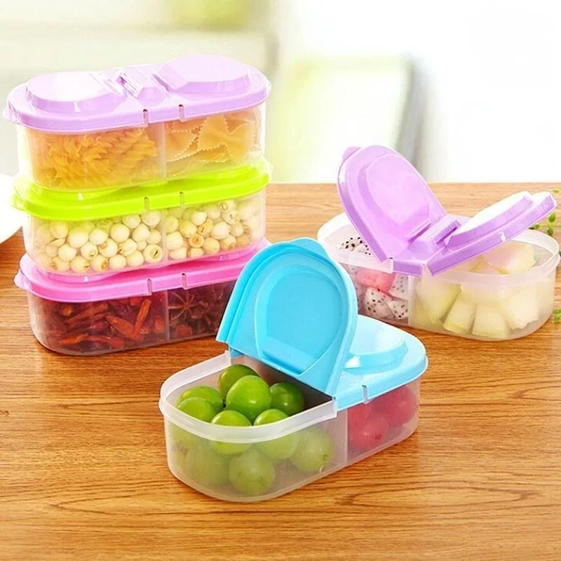 Multifunctional Double Grid Container for food Transparent Plastic Fresh Fridge Organize Kitchen Storage Box for kids Dinnerware