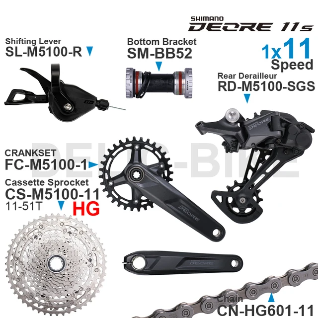 Zestaw SHIMANO DEORE M5100 11-rzędowy: manetka, przerzutka tylna RD-M5100, kaseta CS-M5100, łańcuch, suport FC-M5100 BB52