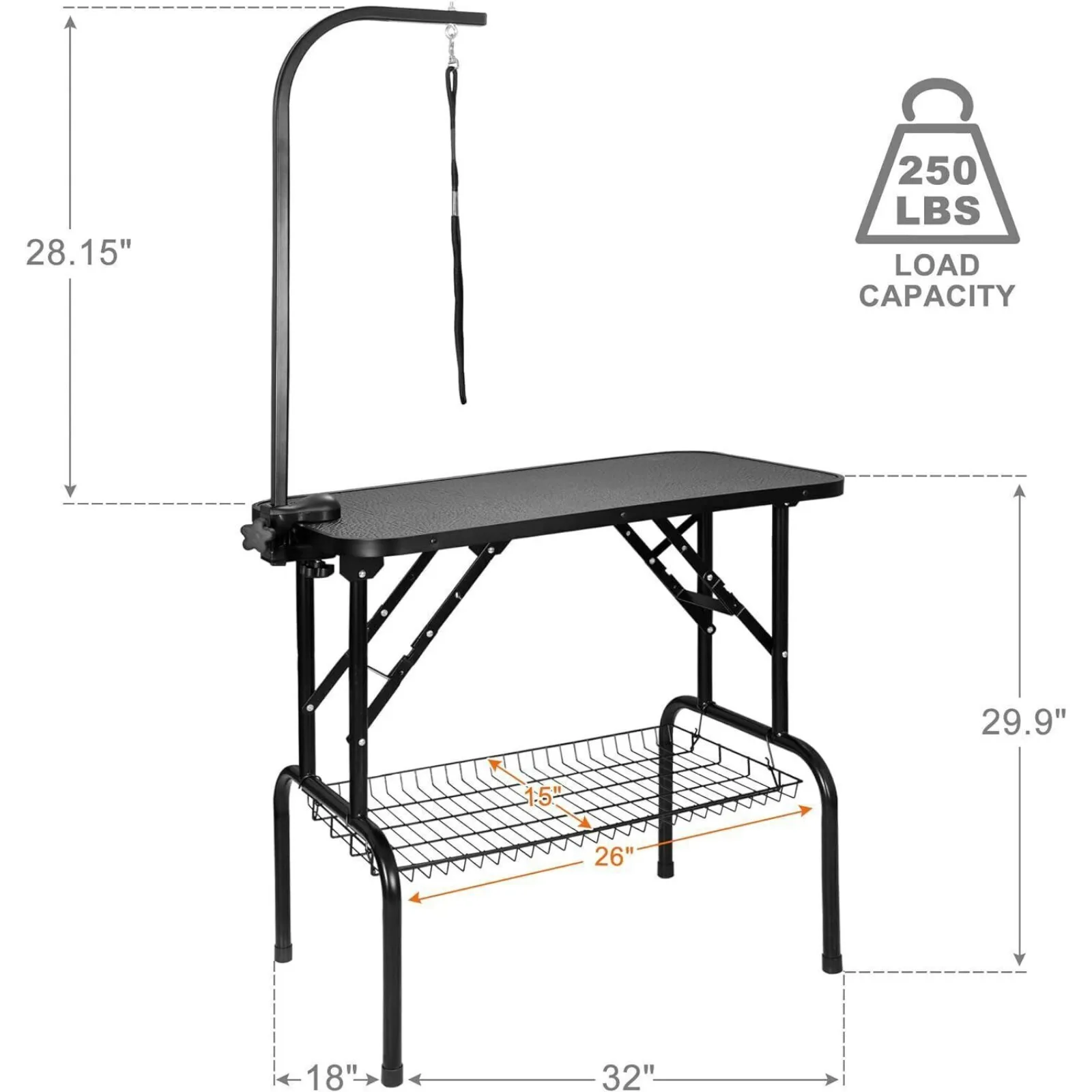 Imagem -06 - Pet Grooming Table com Braço Noose Mesh Tray Dog Grooming Table Cat Grooming Acessórios Eua 32 36 46 Ajustável