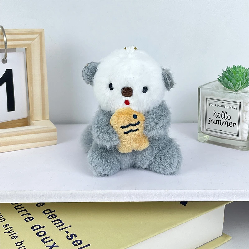 Cute Otter Holding Fish Plush Pendant Cartoon Stuffed Animal Keychain Lovely Bag Decoration Car Key Accessories