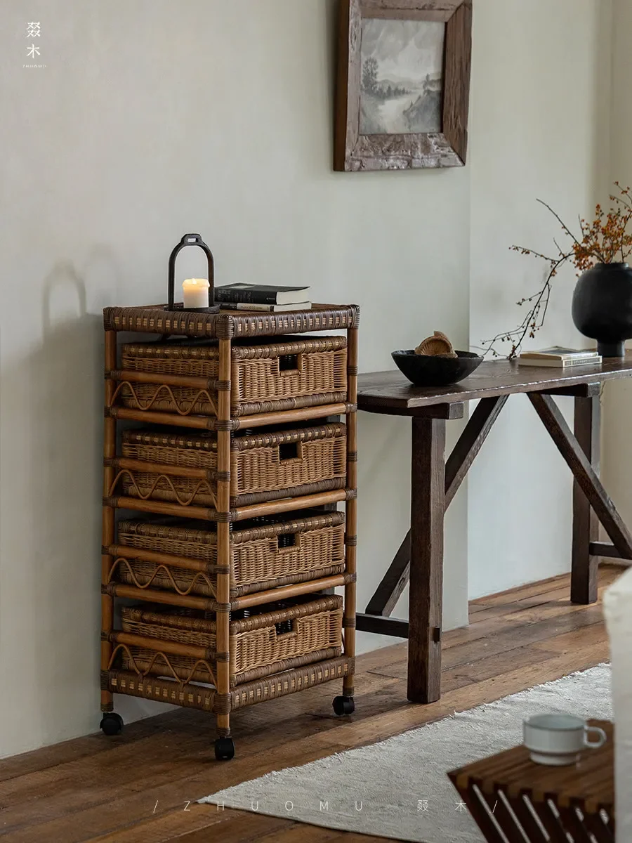 Wood | South East Asia Rattan Art\ Nanyang Retro Style Rattan Storage Cart Moving Side Living Room Bedroom Shelf