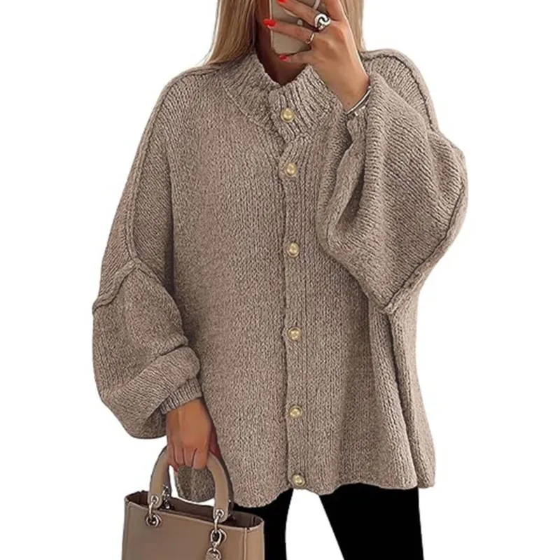 

Свободный ленивый женский свитер большого размера, повседневный кардиган, зима 2026, вязаные пуговицы, однотонные рукава-фонарики, мягкое пальто, большие размеры