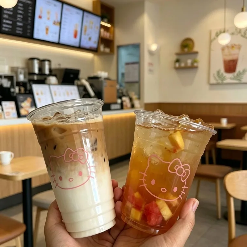 copo-descartavel-pet-hello-kitty-para-bebidas-frias-copo-portatil-reforcado-para-cafe-cha-com-leite-e-americano-acompanha-canudo