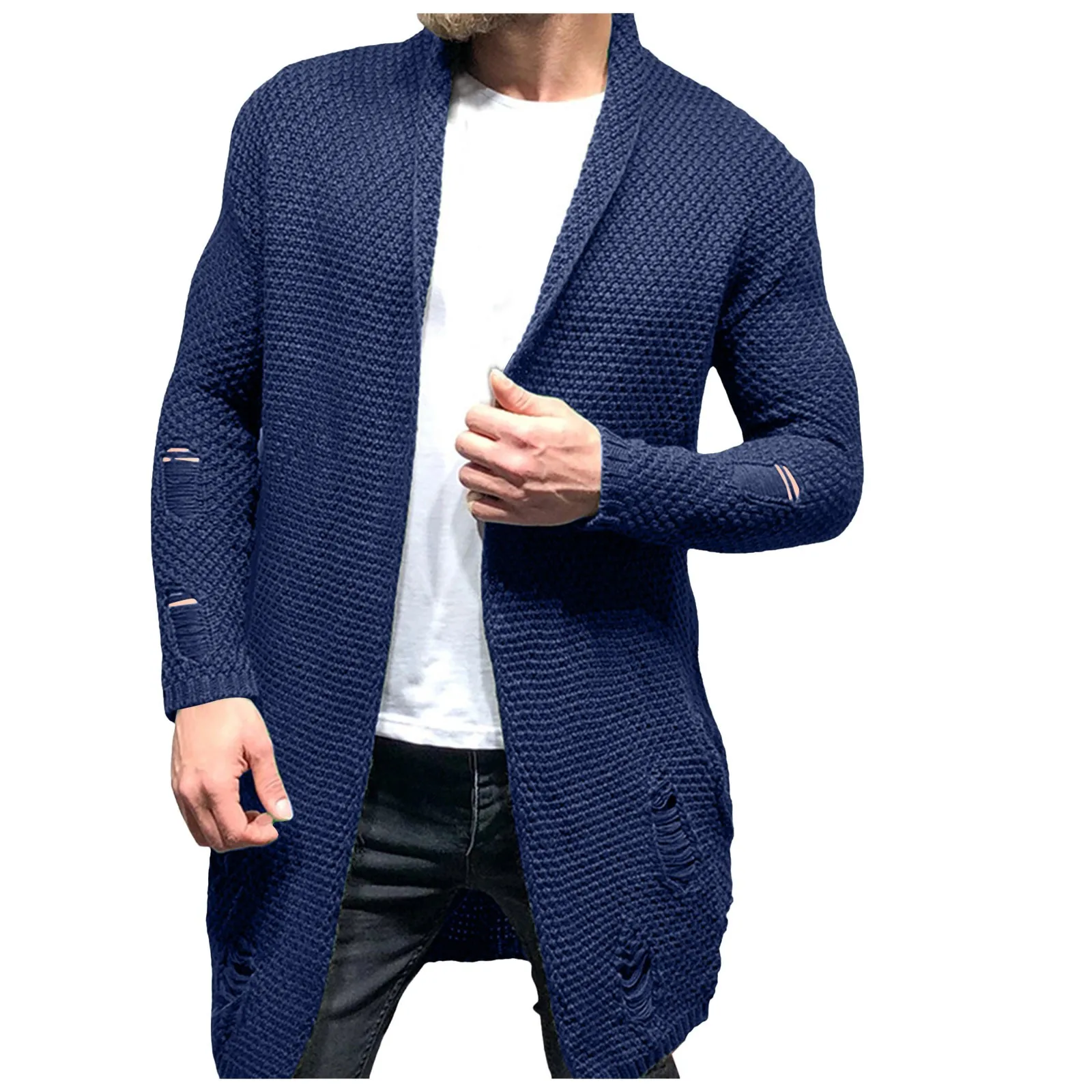 Men'S Winter Versatile Long Cardigan Sweater Oversized Casual Long Sleeved Solid Color Ripped Long Knitted Sweater Jacket Coat