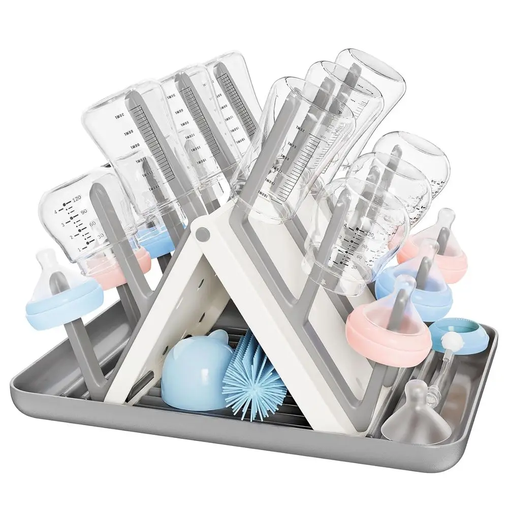 

Compact Baby Bottle Drying Rack with 18 Hooks, Portable Slope Design, Removable Tray, Ideal for Bottles, Brushes, and Pump Parts