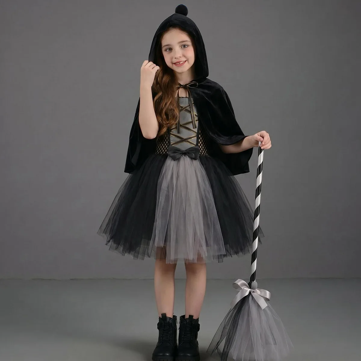 Halloween Performance Witch TuTu Dress Set Black Orange Black Purple Mesh Gown With Cloak Shawl Broom Accessory For Stage Show