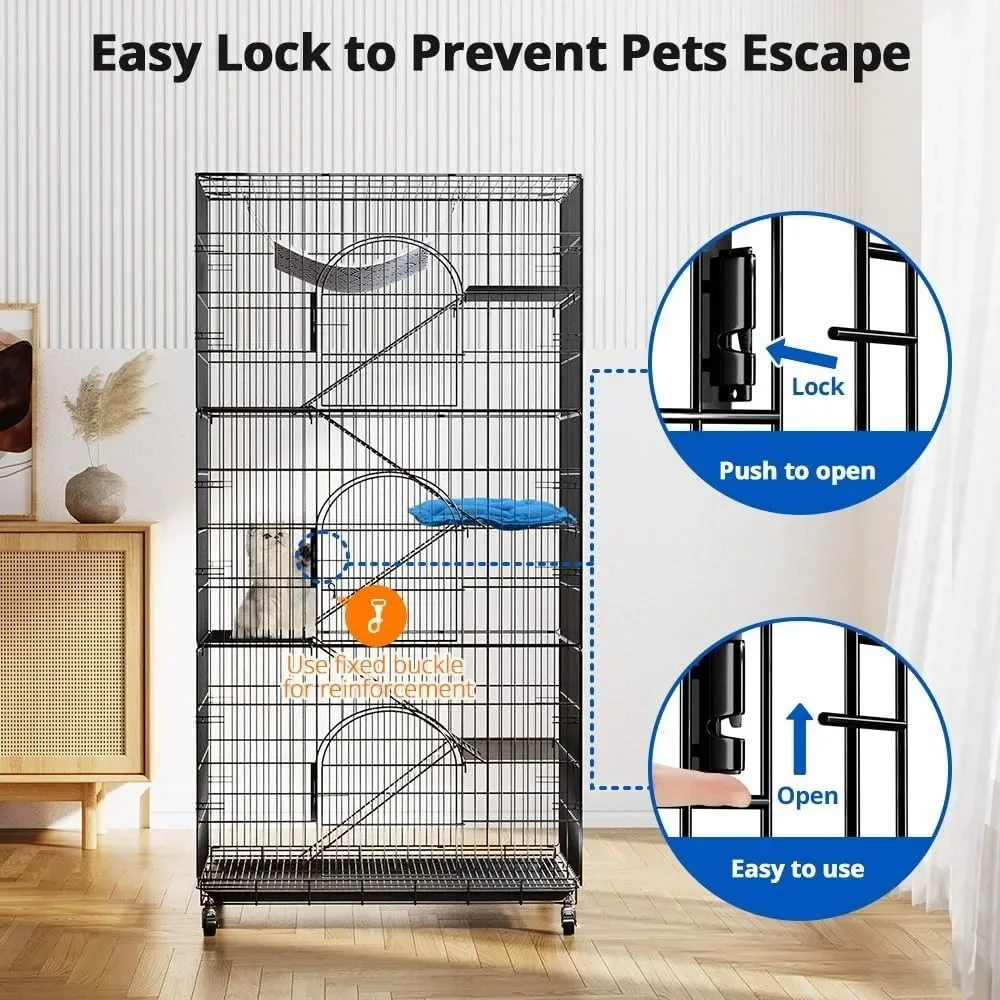 6-Tier Large Cat Cage Playpen, 72-inch Indoor/Outdoor Enclosure with 3 Doors, Hammock, Suitable for Cats, Kittens