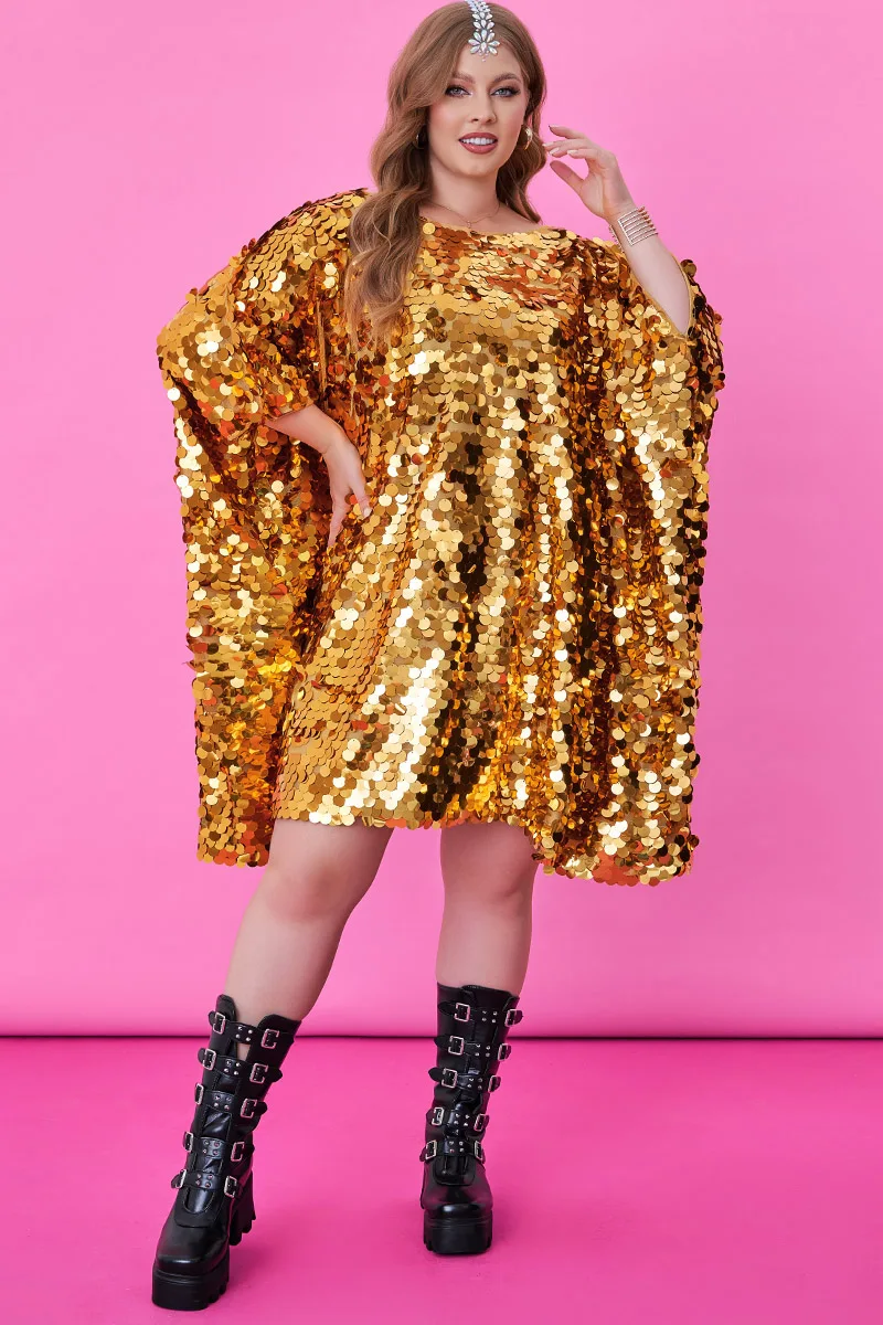 

Plus Size Party Reflective Sequin Batwing Sleeves One Shoulder Mini Dress
