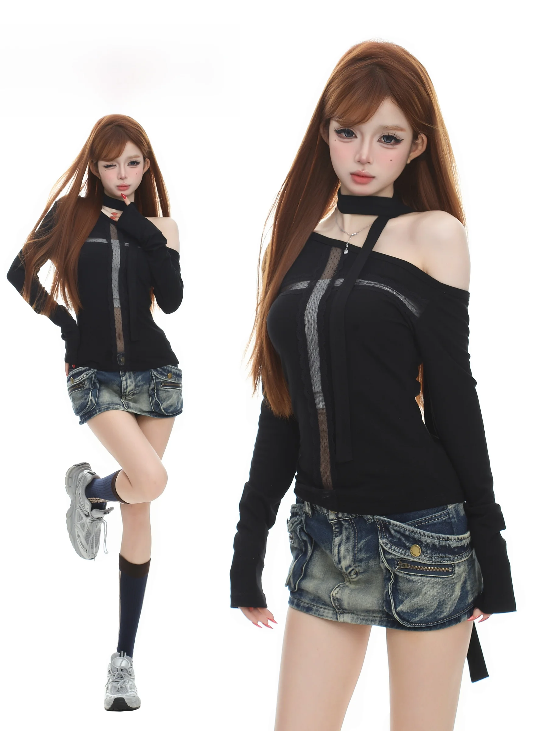 Basterds Pure Desire Cross Hollow Shoulder Long Sleeve T-Shirt Women's Spring Design Sexy Shoulder Exposure Top Cotton Spande...