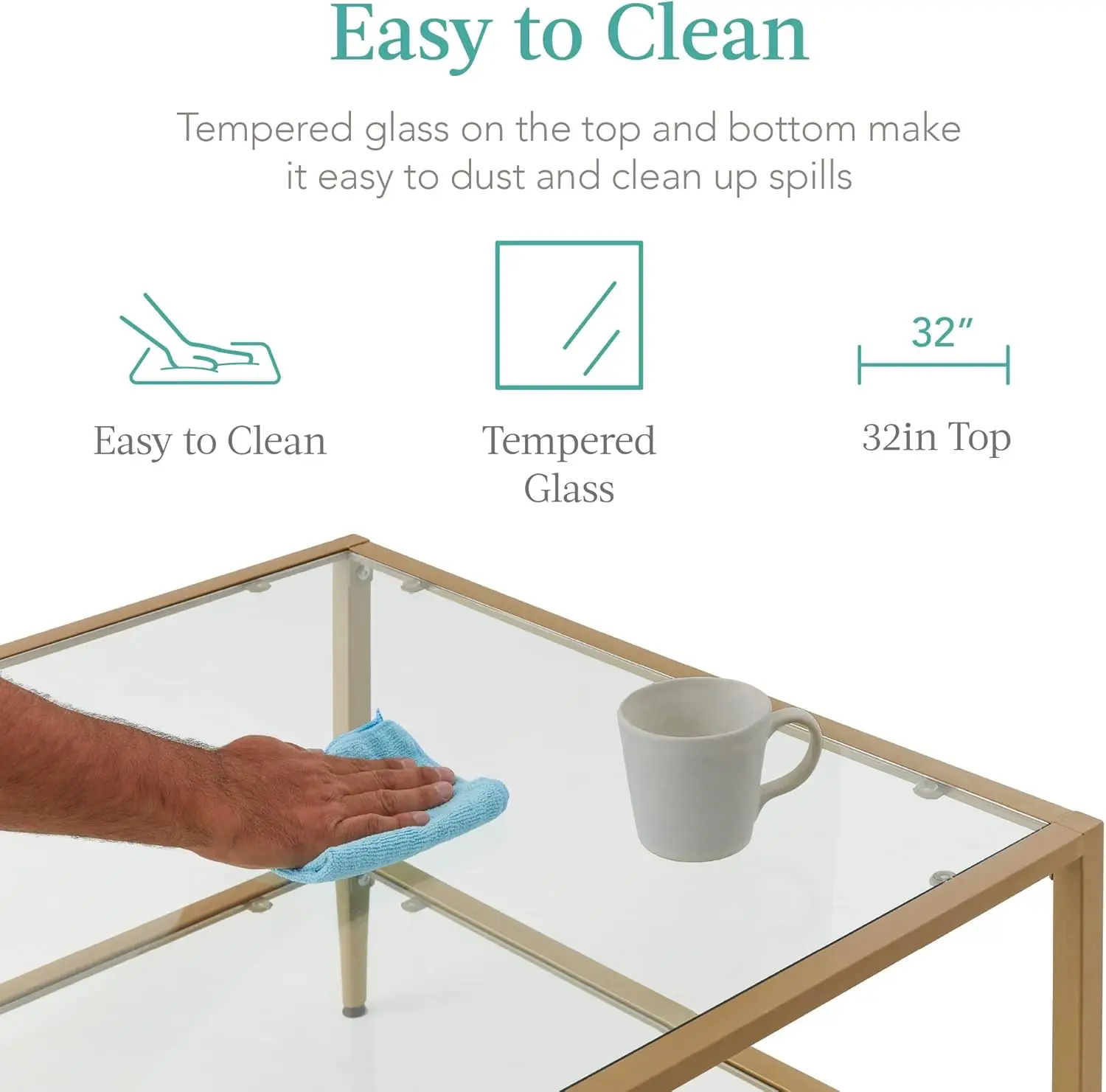 32” Modern 2-Tier Square Coffee Table - Gold Metal Frame with Glass Shelves, Large Accent Furniture for Living Room & Bedroom