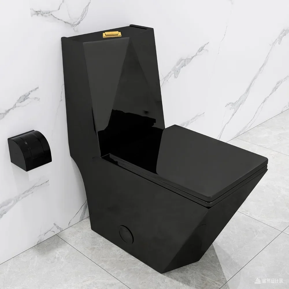 Square One Piece Toilet Black With Gold Button Modern Bathroom,Diamond-shaped Sleek Design Elonagted Rectangle 17