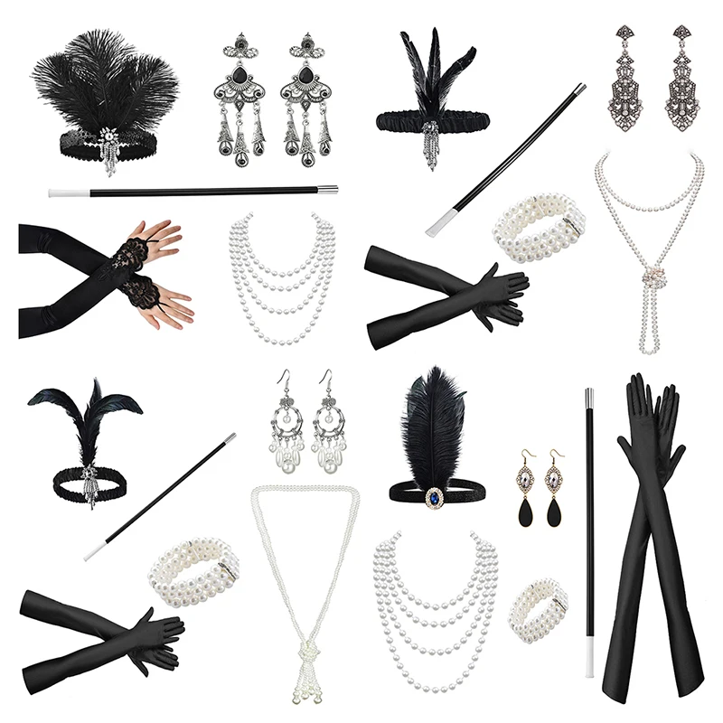 1 set 1920er Jahre Flapper Cosplay Kostüm Feder Stirnband Perlenkette lange Handschuh Gatsby Maskerade Zubehör