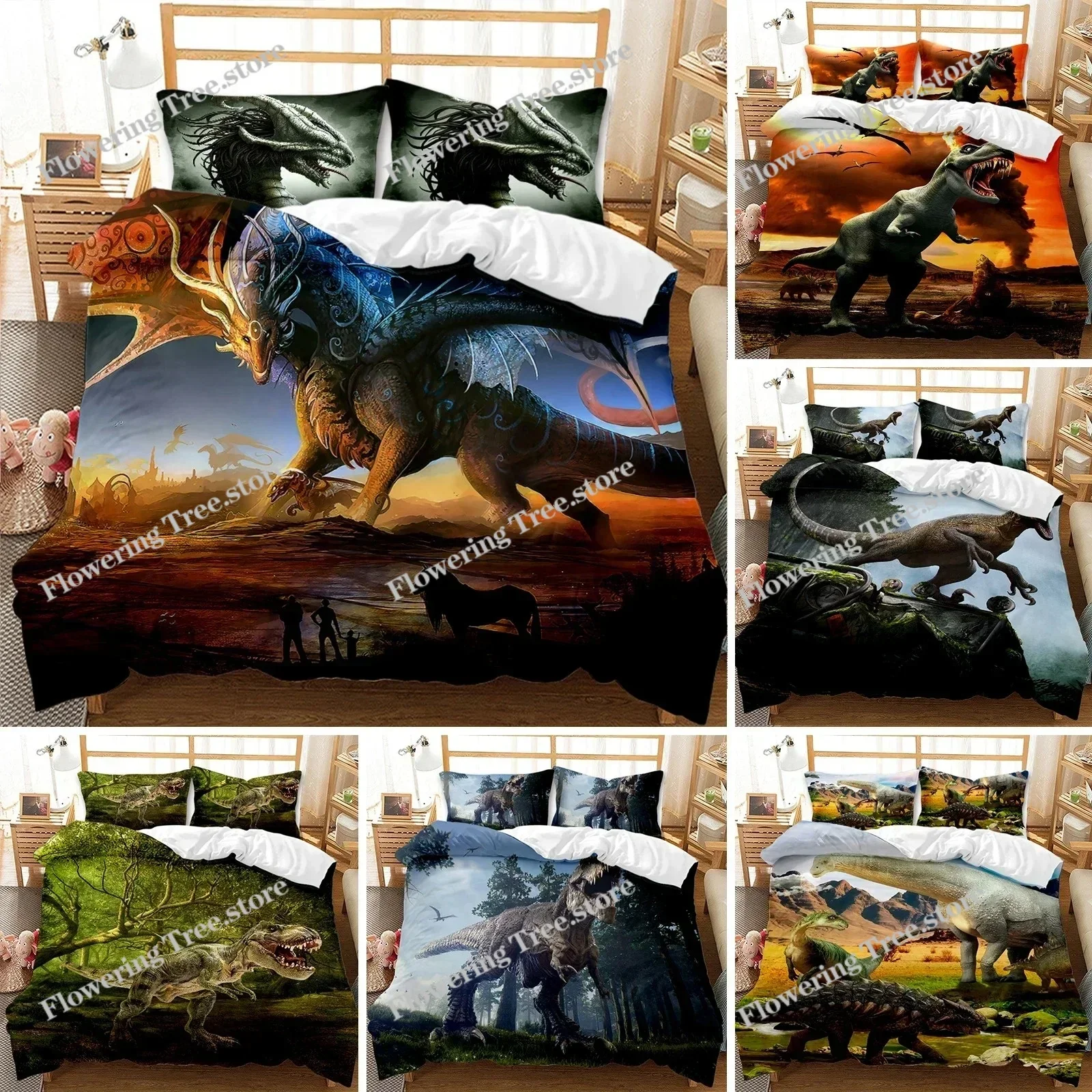 

Dinosaur Bedding Set Jurassic Age Tyrannosaurus Rex Duvet Cover Set Kids Boys Queen King Full Twin White Polyester Quilt Cover