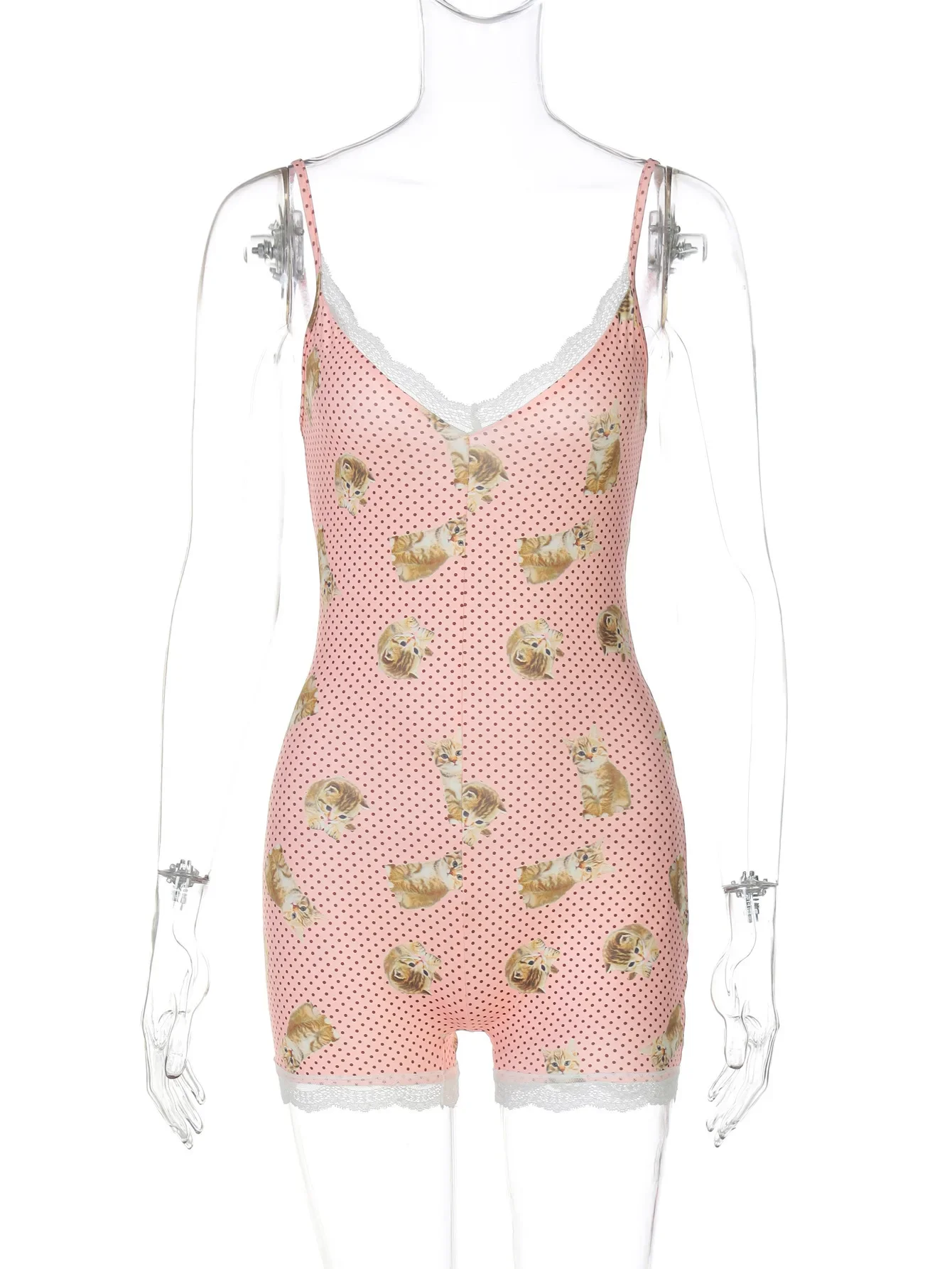 

Cat Polka Dot Print Patchwork Lace Cami Romper Shorts For Women Contrast Backless Slim Y2K Hot Girl Bodysuit Loungewear