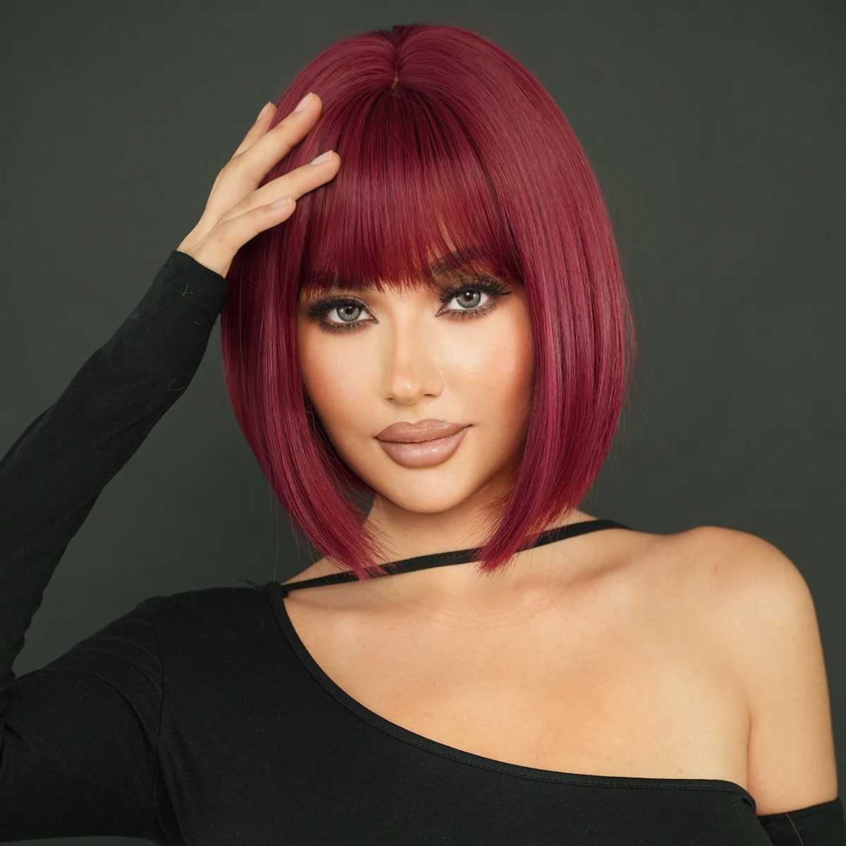 7JHH WIGS High Density Short Straight Wine Red Bob Wig for Women Heat Resistant Synthetic Layered Hair Wigs with Neat Bangs