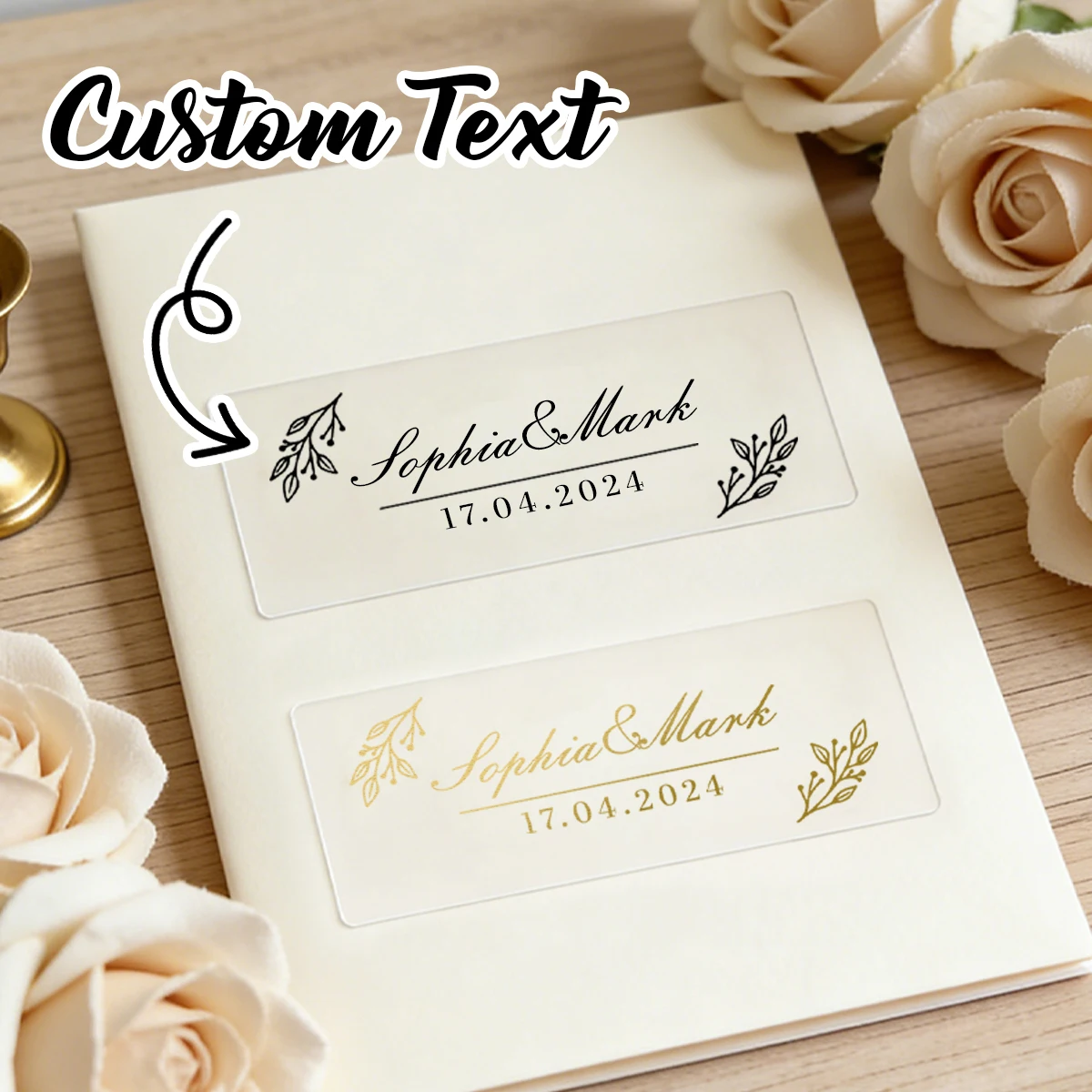 

30-300Pcs Custom Wedding Stickers,Personalize Name Label Stickers,Customizable Text Transparent Stickers,Gold Stamping Rectangle