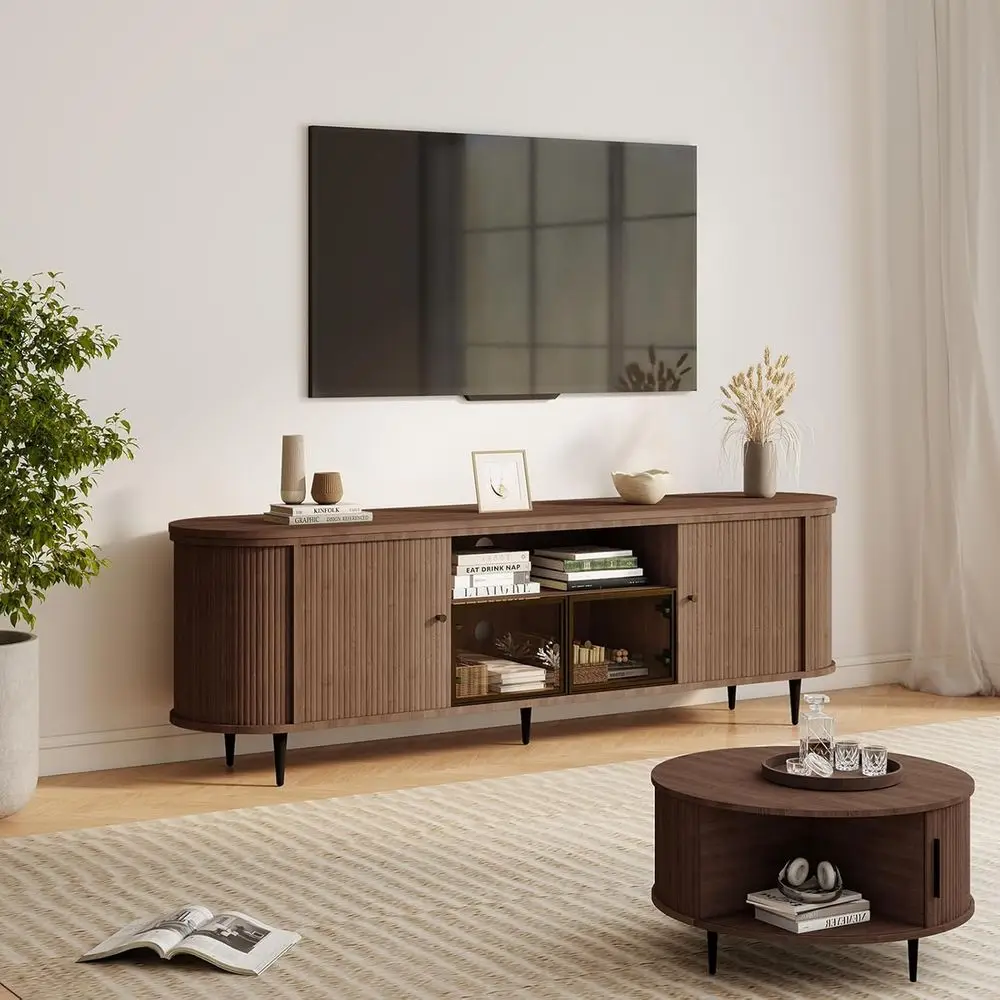 

70 Large TV Stand & 31.5 Storage Coffee Table, Brown, for Living Room Luxury