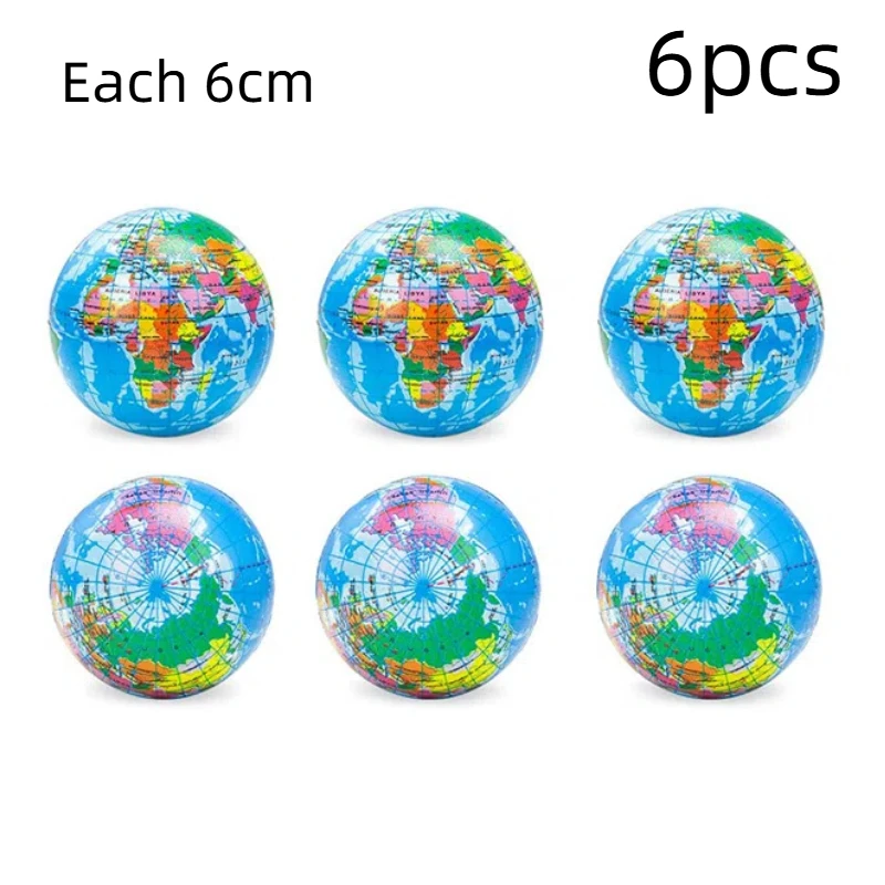 6pcs Earth Globe 6cm Solid Children\'s Grip Strength Reduction and Release Sponge Elastic PU Ball Pet Cat Dog Toy