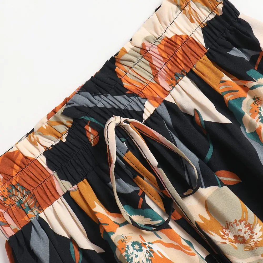 Vintage Floral Midi Skirt For Women High Waist A Line Pleated Skirts Fall Casual Loose Elastic Waist Elegant Fashion Bottoms