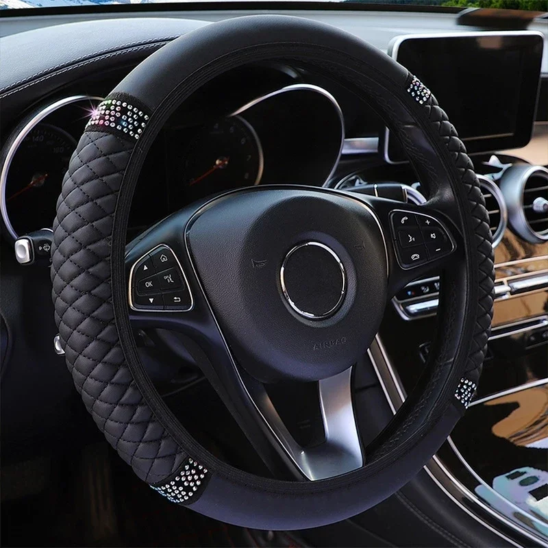 Universal Car Steering Wheel Cover 37-38cm Leather Embroidered Color Diamond-Studded Elastic Four Seasons Steering Wheel Cover