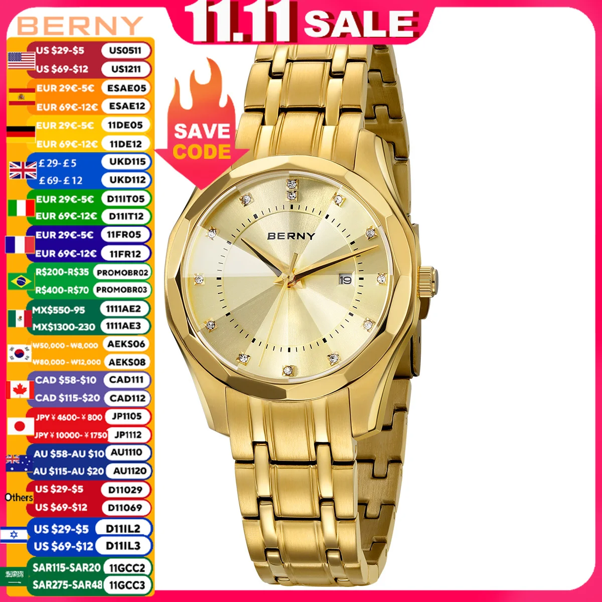 バーニー-男性と女性のための防水ステンレス鋼クォーツ時計、金の時計、女性の腕時計、ファッション