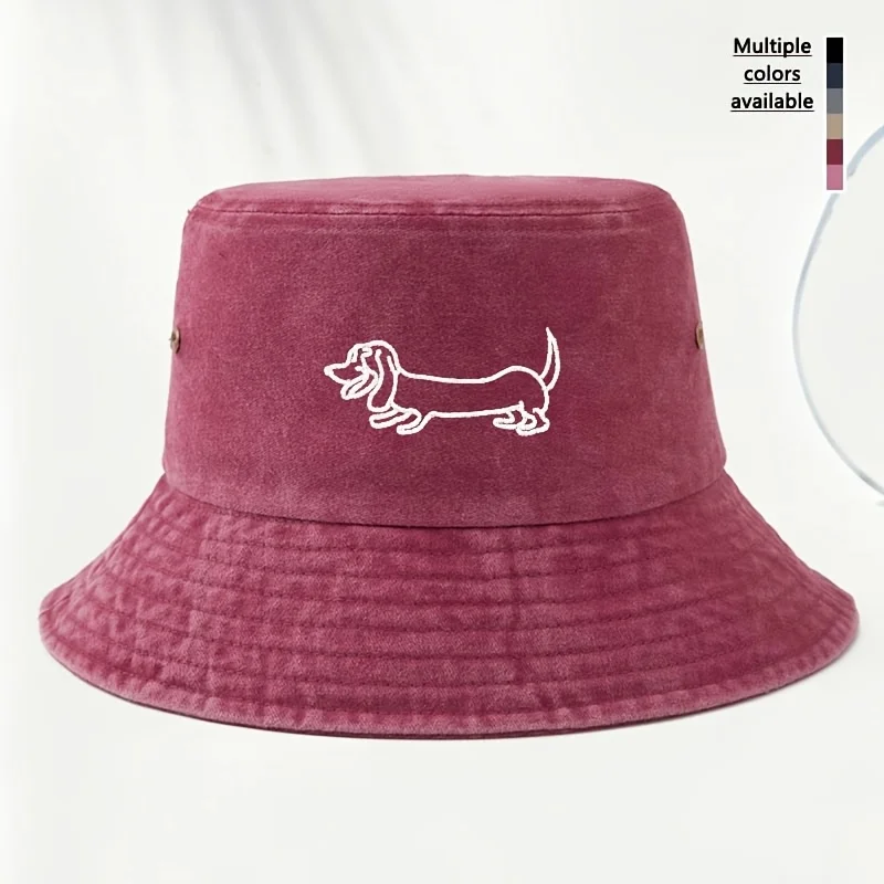 Vintage Dackel-Stickerei Fischerhut für Herren & Damen - Distressed-Look, Geeignet für Alle Outdoor-Aktivitäten, Leichter Faltbarer Hut mit Da