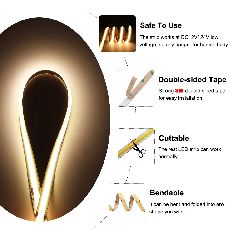 FOB COB LED Strip 12V 24V LED Strip Light 5M 10M Dimmable Tape LED  3mm 5mm 8mm 10mm COB Strip 16.4FT 32.8FT For Room Decor