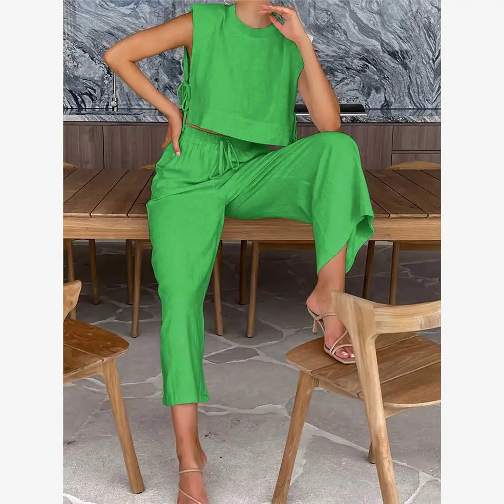 oulder Pad Svel Top Broek Set Dames Faion Zomeroutfit Tweedelige set Lange broek Polyester stof