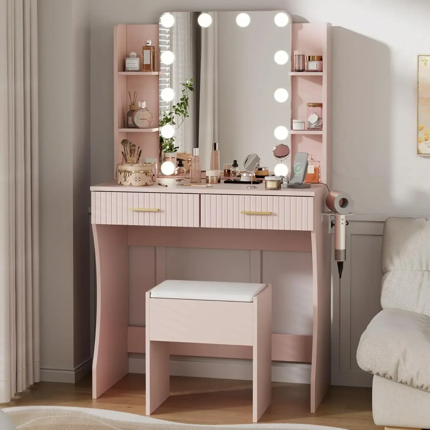 Vanity Desk with LED Lighted Mirror, Makeup Vanity with 3 Adjustable Lights, 2 Large Drawers and 4 Open Shelves, Pink Vanity Tab